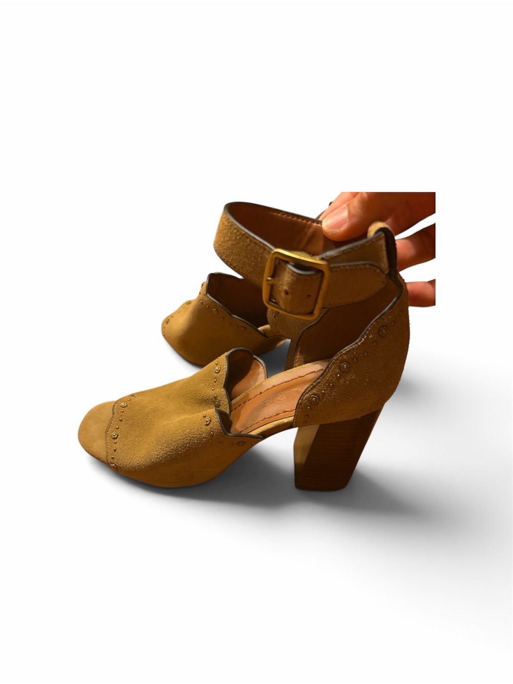 Coach Tan Suede Scalloped Block Heel Sandals - Picture 2 of 3